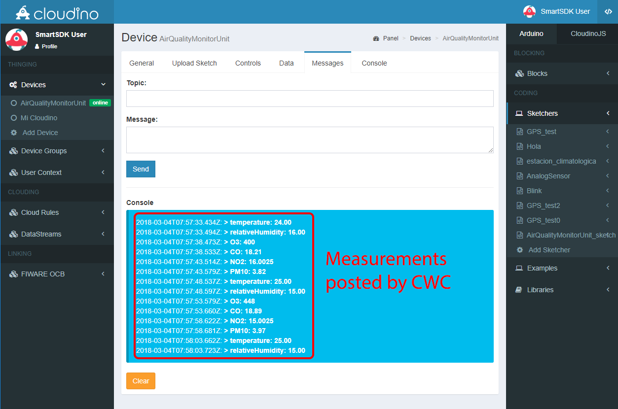 Real-time measurements from your AirQuality monitoring unit